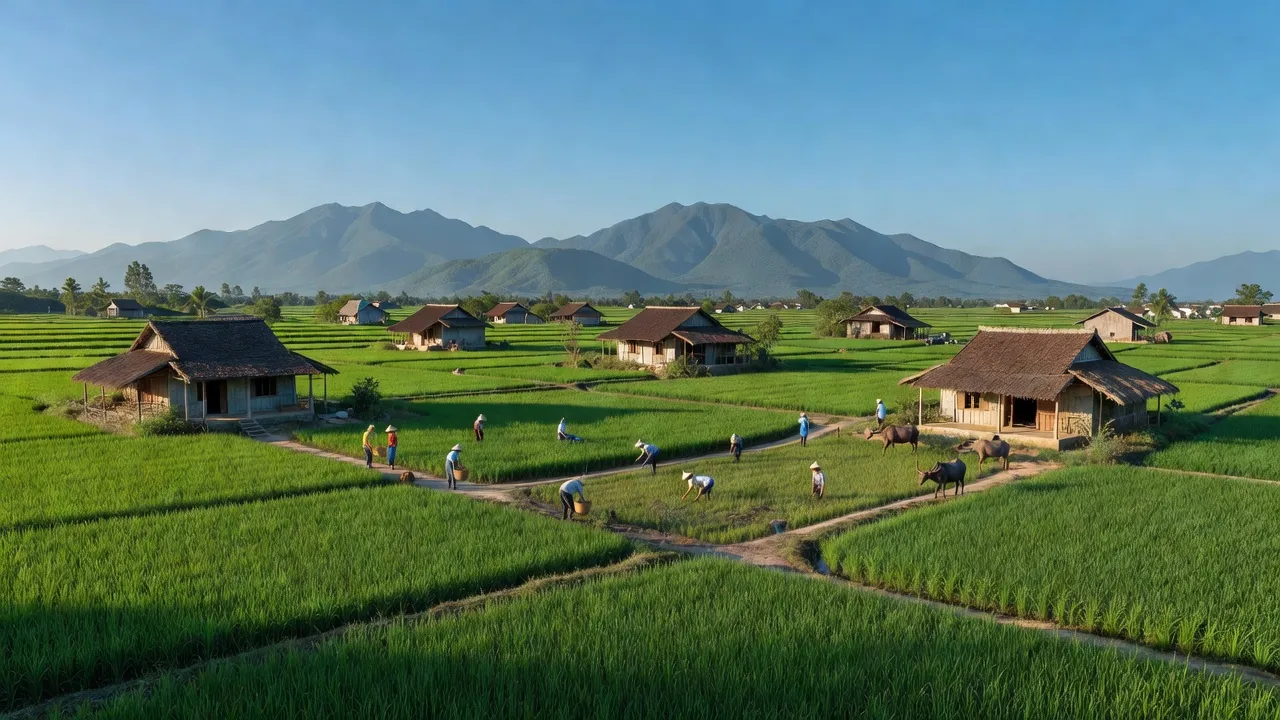 Xã Phú Kim, Thạch Thất, Hà Nội với đồng ruộng xanh tươi và nhà cửa dân dã.