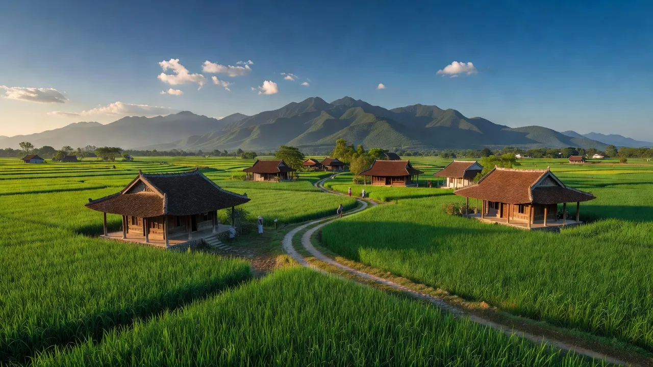 Cảnh đẹp thanh bình xã Phùng Xá, huyện Thạch Thất, Hà Nội với ruộng xanh và nhà truyền thống.
