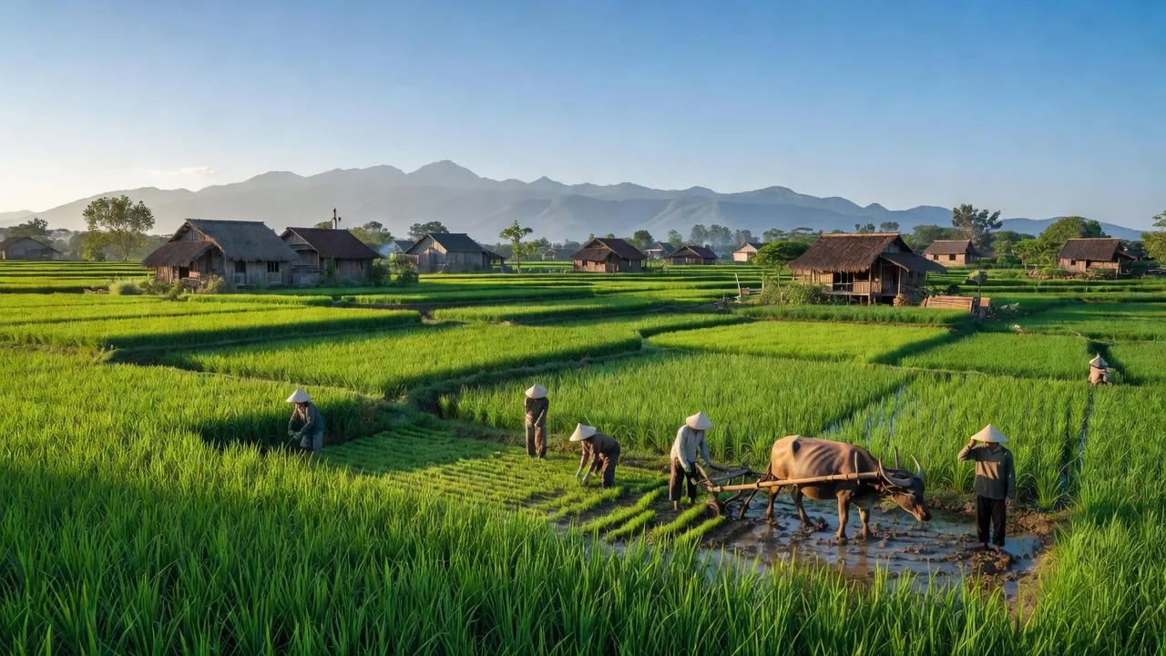 Cảnh quan xã Phùng Xá, huyện Thạch Thất, Hà Nội với cánh đồng xanh và nhà truyền thống.