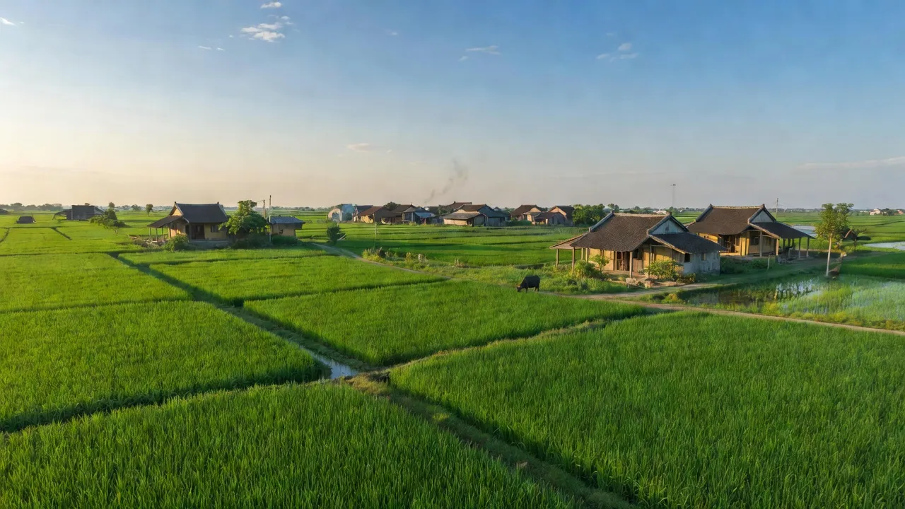 Cảnh đẹp nông thôn xã Quang Trung, huyện Thạch Thất, Hà Nội, với cánh đồng xanh yên bình.