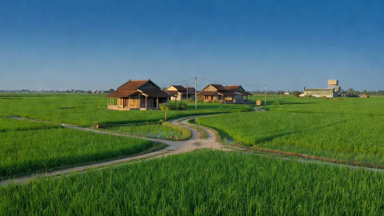 Cảnh quan nông thôn xã Tân Xã, huyện Thạch Thất với cánh đồng xanh tươi và nhà truyền thống.