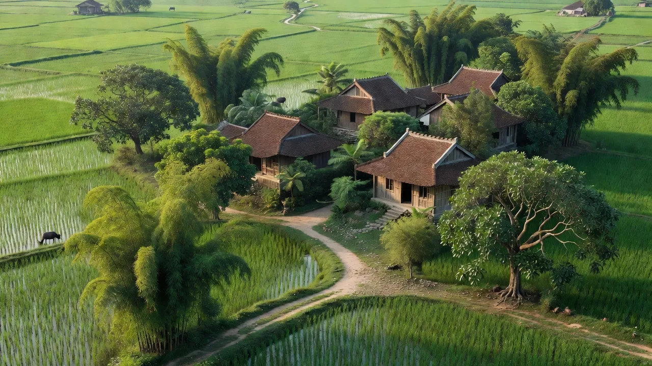 Cảnh quan hữu tình xã Thạch Hoà, huyện Thạch Thất, Hà Nội, với đồng ruộng và nhà truyền thống.