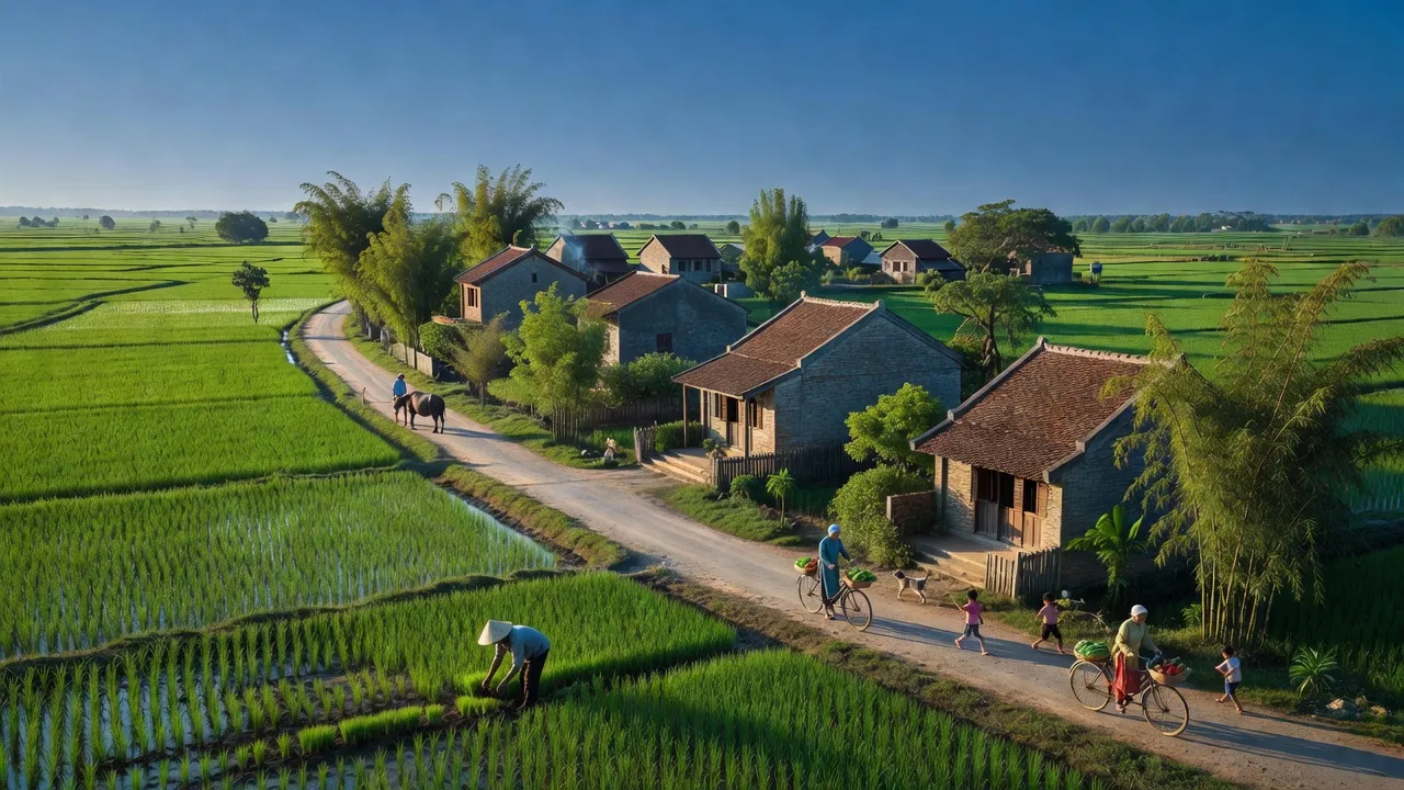 Cảnh quan xã Thạch Hoà, huyện Thạch Thất, Hà Nội với cánh đồng xanh, nhà truyền thống, và bầu trời trong xanh.
