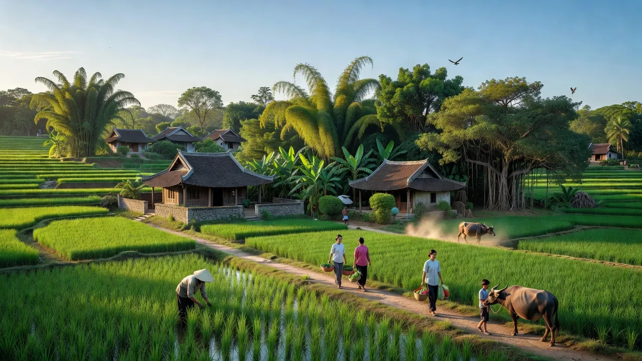 Cảnh đẹp xã Thạch Xá, huyện Thạch Thất, Hà Nội với cánh đồng và nhà truyền thống.