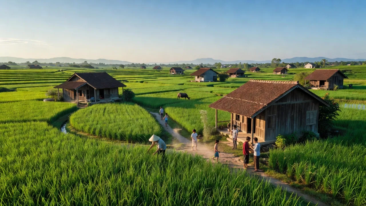 Khung cảnh làng Tiến Xuân ở huyện Thạch Thất, Hà Nội với đồng lúa xanh mướt và nhà dân.