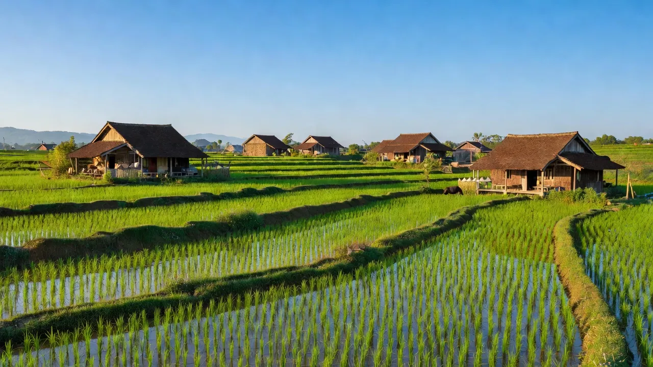 Khung cảnh yên bình ở Xã Yên Bình, huyện Thạch Thất, thành phố Hà Nội, với cánh đồng lúa xanh mướt.