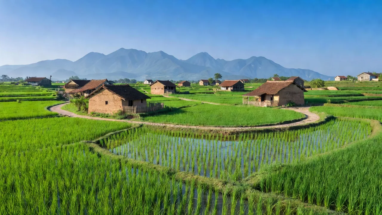 Cảnh quan Yên Trung, huyện Thạch Thất, Hà Nội với đồng ruộng xanh và nhà truyền thống.