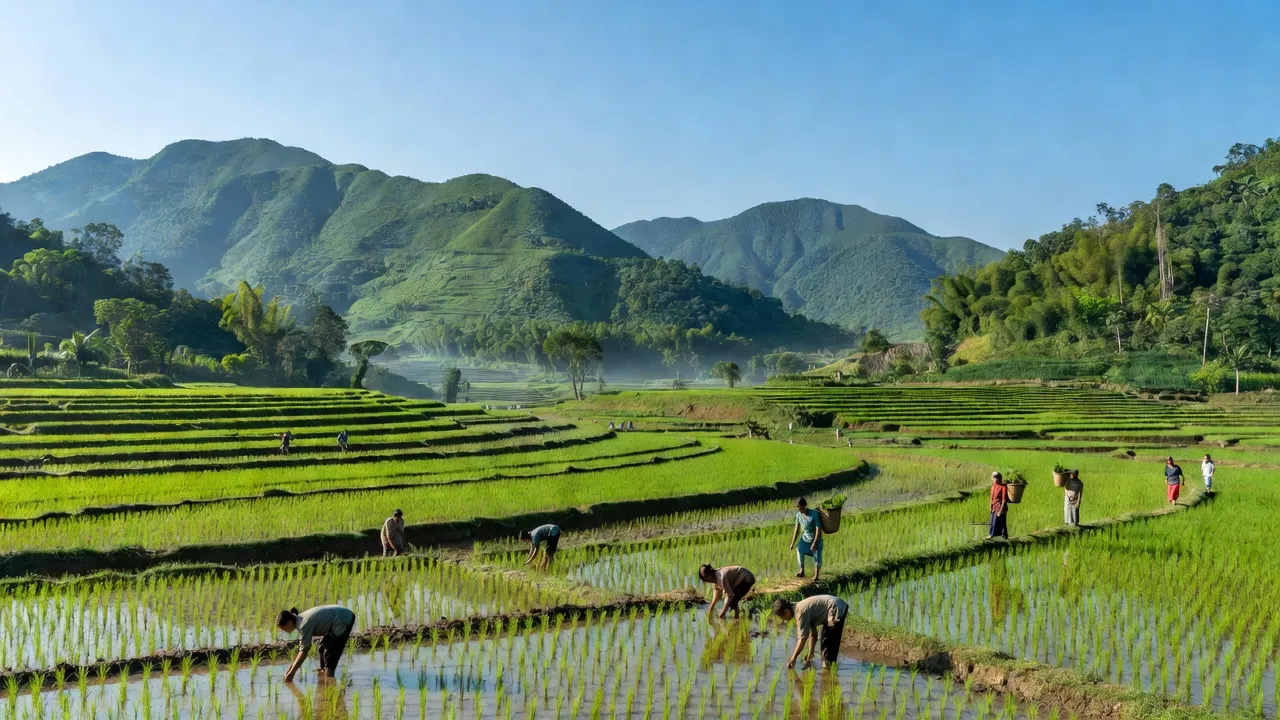 Cảnh quan Yên Trung, Thạch Thất, Hà Nội, với đồng ruộng xanh tốt và văn hóa dân tộc phong phú.