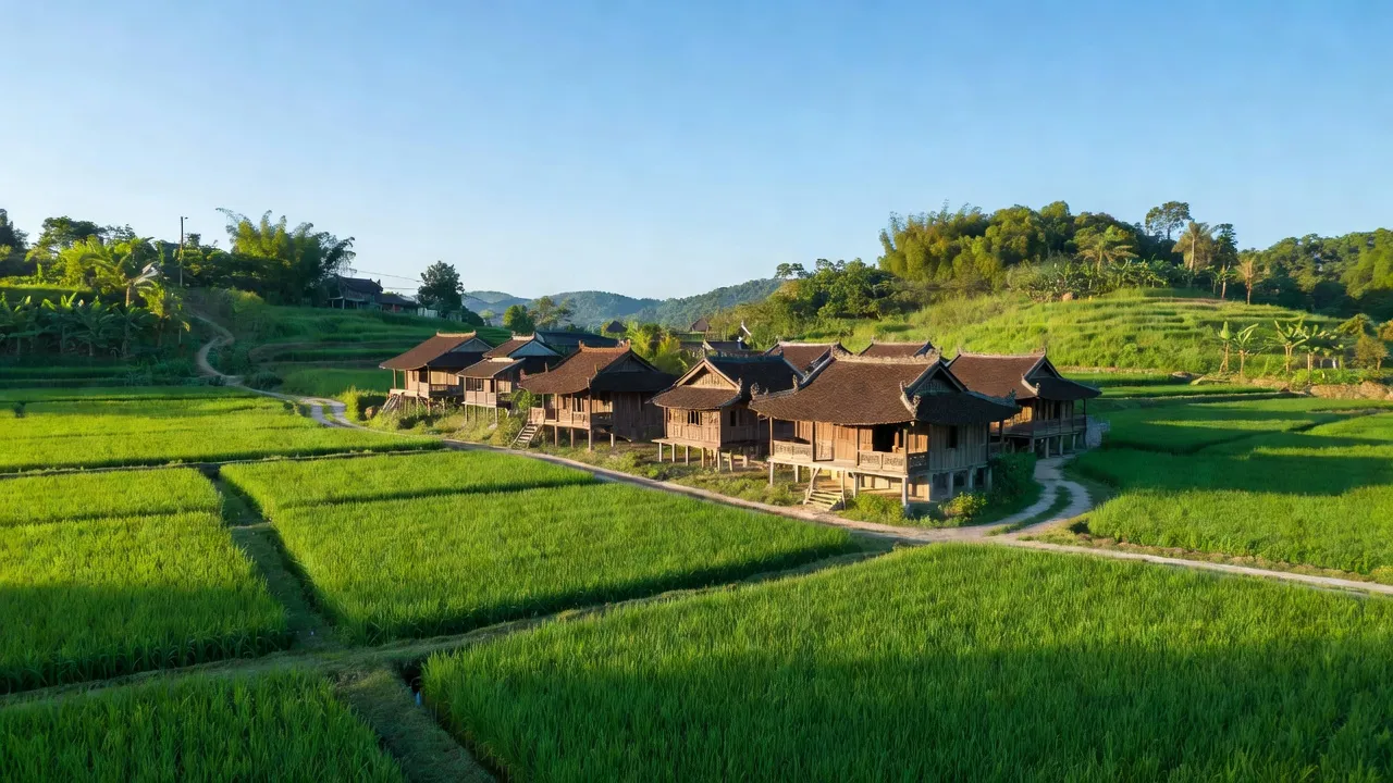 Khung cảnh huyện Thanh Oai, Hà Nội với cánh đồng xanh và kiến trúc truyền thống Việt Nam.