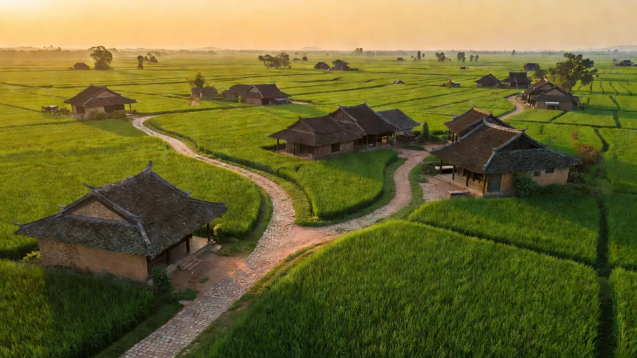 Khung cảnh huyện Thanh Oai, Hà Nội với cánh đồng xanh và nhà truyền thống, thể hiện văn hóa địa phương.