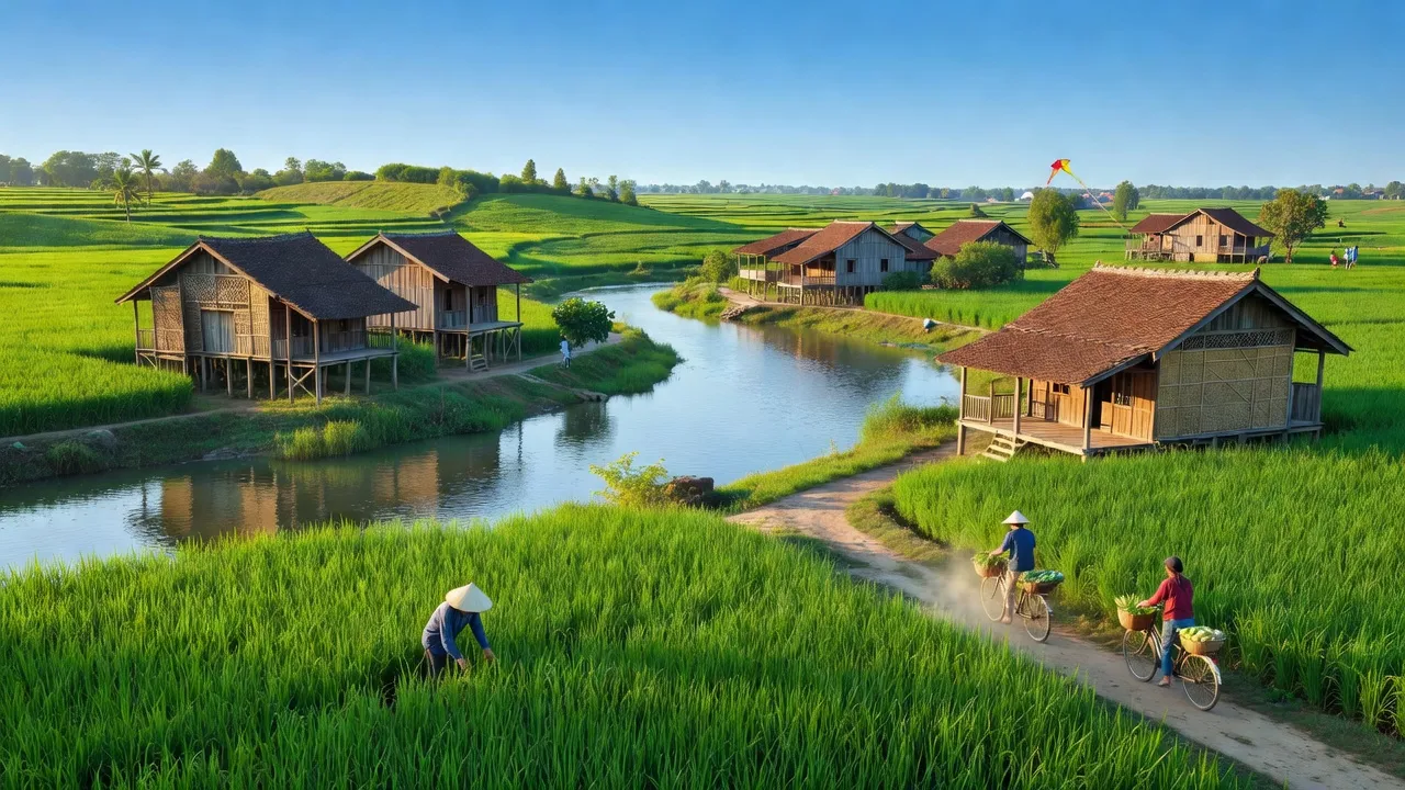 Cảnh đẹp xã Bích Hòa, huyện Thanh Oai, Hà Nội với sông Nhuệ và cánh đồng xanh tươi.