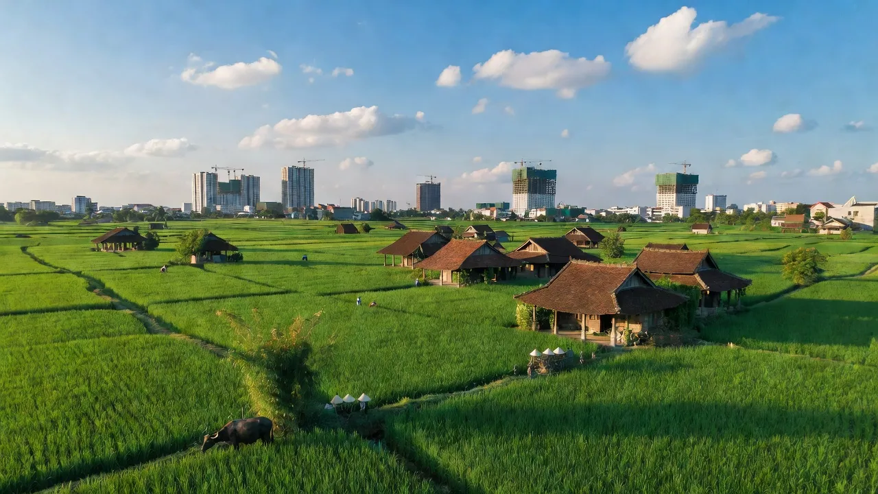 Cảnh quan Bình Minh, Huyện Thanh Oai, Hà Nội với ruộng lúa và nhà truyền thống.