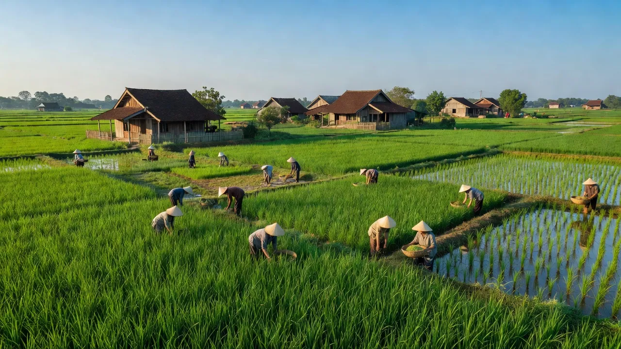 Cảnh quan Xã Bình Minh, Huyện Thanh Oai, Hà Nội với đồng lúa xanh và nhà truyền thống.