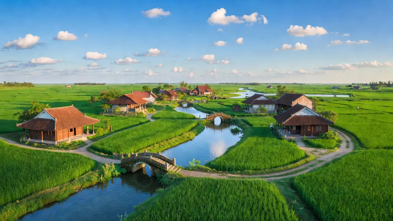 Khung cảnh nông thôn xã Cao Viên, huyện Thanh Oai, Hà Nội, với cánh đồng xanh và nhà truyền thống.
