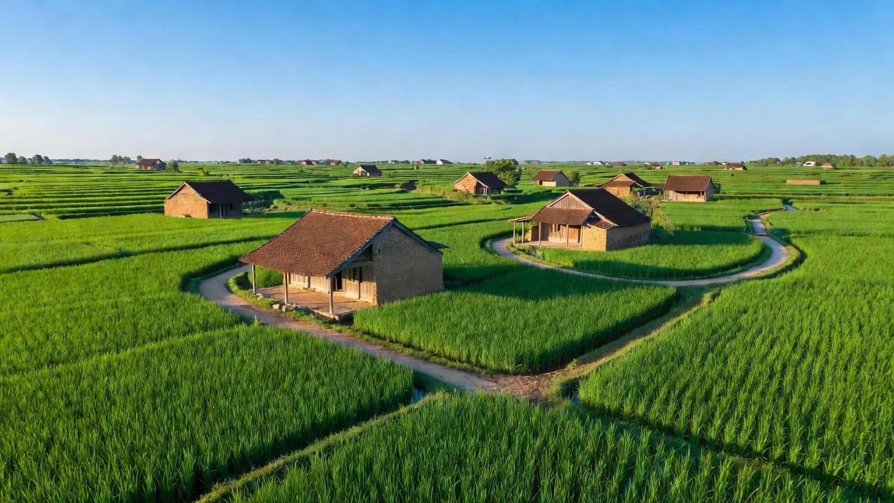 Cảnh đẹp xã Cao Xuân Dương, huyện Thanh Oai, Hà Nội với cánh đồng xanh, nhà truyền thống Việt Nam.