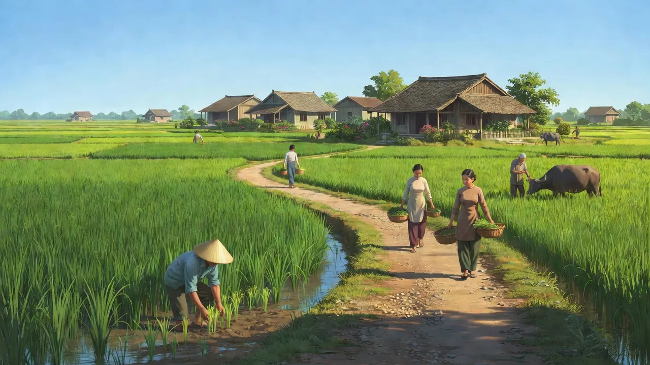 Khung cảnh tươi đẹp xã Cao Xuân Dương, huyện Thanh Oai, Hà Nội, với cánh đồng và nhà truyền thống.