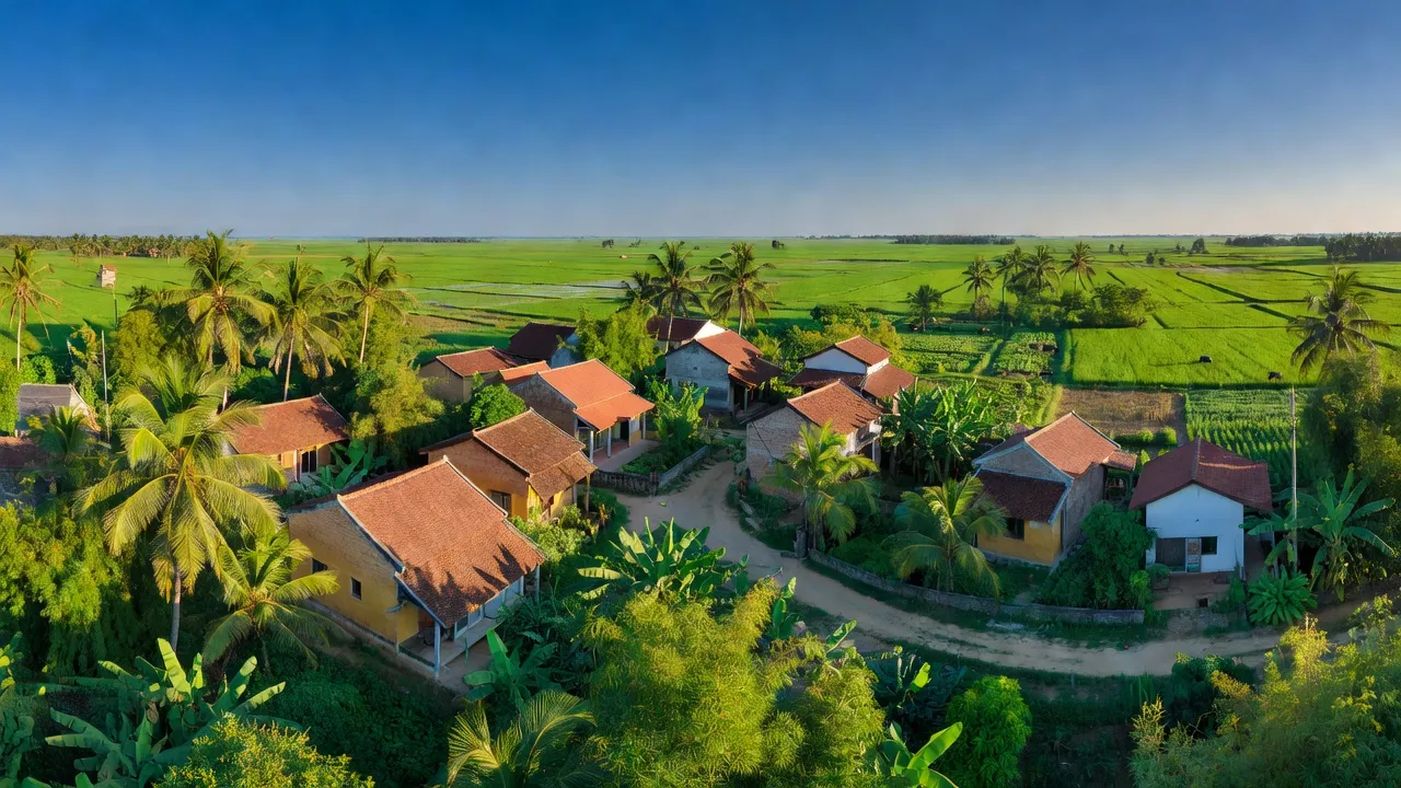 Quang cảnh hữu tình xã Cự Khê, huyện Thanh Oai, Hà Nội với màu xanh cây cỏ và ngôi nhà giản dị.