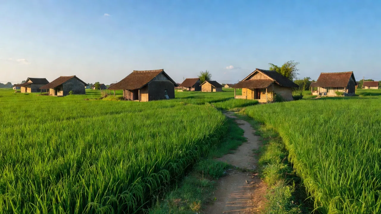 Khung cảnh nông thôn Xã Đỗ Động, huyện Thanh Oai, Hà Nội với cánh đồng xanh và nhà truyền thống.