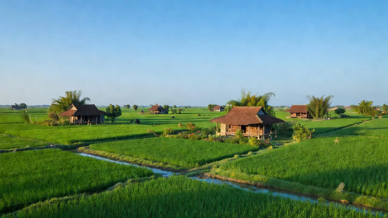 Quang cảnh Xã Đỗ Động, Huyện Thanh Oai, với cánh đồng xanh mướt và nhà truyền thống Việt Nam.