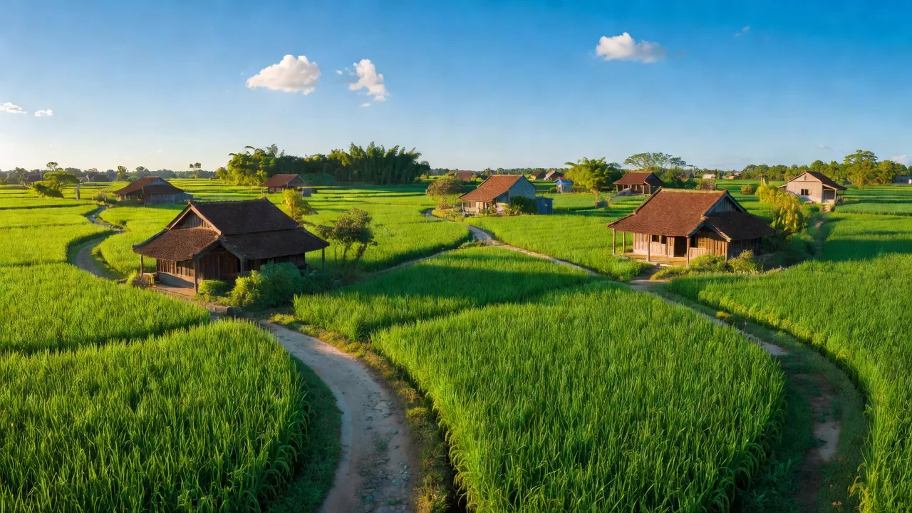 Khung cảnh đẹp Xã Hồng Dương, huyện Thanh Oai, Hà Nội với cánh đồng xanh và nhà truyền thống.