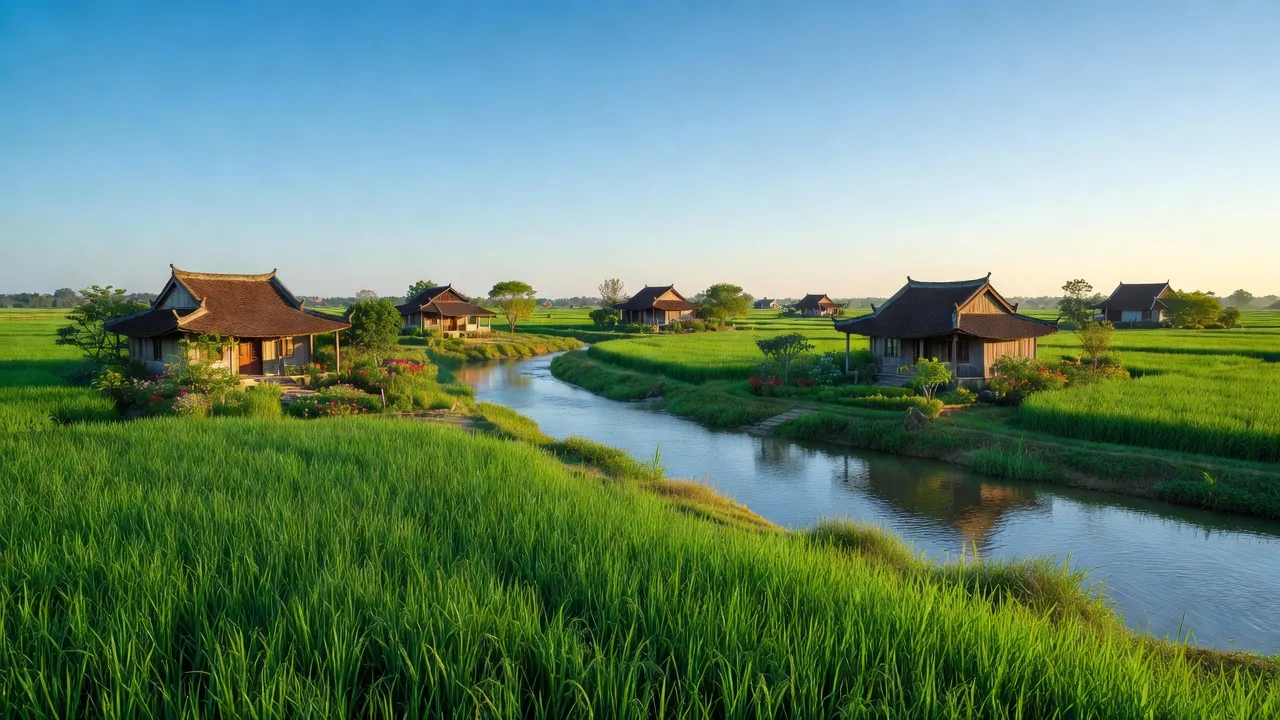Cảnh quan xã Kim An, huyện Thanh Oai với cánh đồng, sông Đáy và nhà truyền thống.
