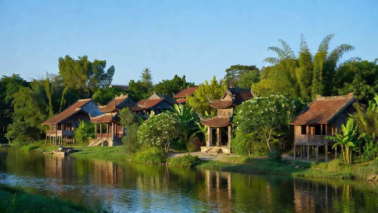 Khung cảnh yên bình thị trấn Kim Bài, huyện Thanh Oai, bên sông Đáy, Hà Nội, Việt Nam.