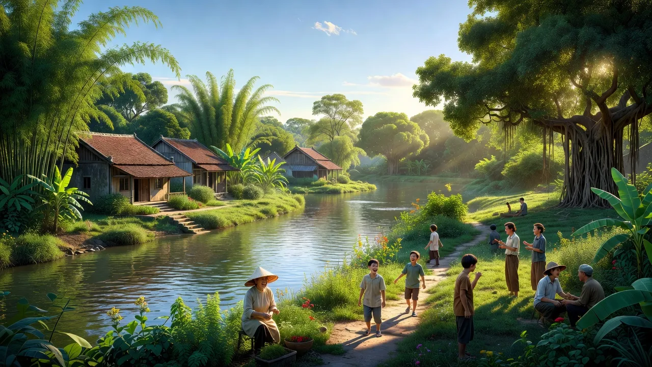 Thị trấn Kim Bài, huyện Thanh Oai, Hà Nội, nhìn từ trên cao với sông Đáy và thiên nhiên tươi đẹp.