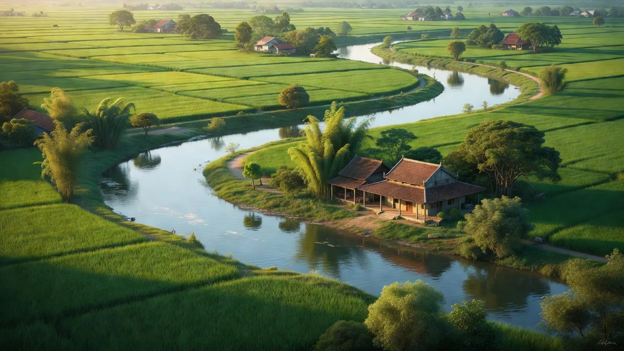 Cảnh quan xã Liên Châu huyện Thanh Oai, Hà Nội với cánh đồng xanh và dòng sông Đáy.