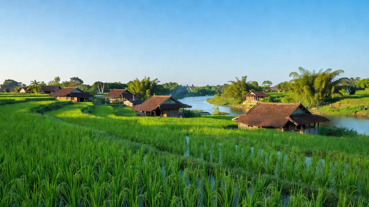 Khung cảnh làng quê Liên Châu, huyện Thanh Oai, Hà Nội với cánh đồng xanh và sông Đáy.