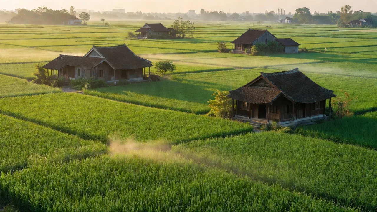 Khung cảnh xã Mỹ Hưng, huyện Thanh Oai, Hà Nội với đồng ruộng xanh tươi và nhà truyền thống.
