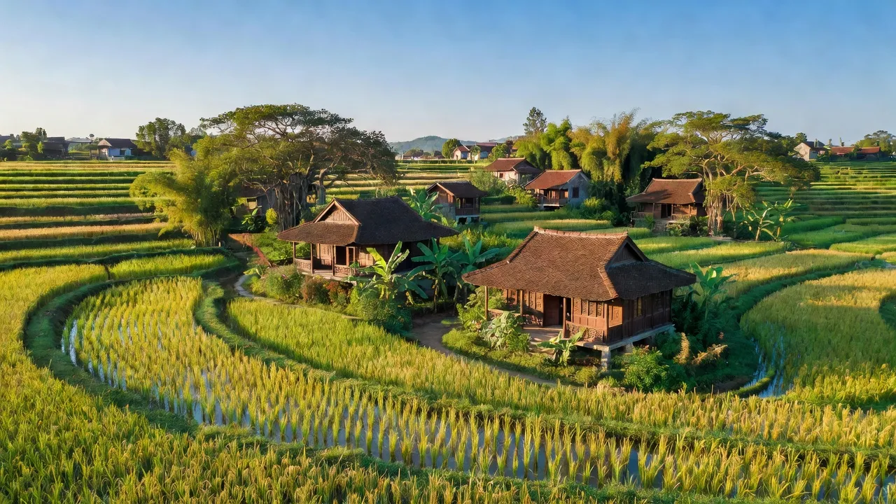 Cảnh đẹp làng Tam Hưng, huyện Thanh Oai, Hà Nội với đồng xanh và nhà truyền thống.
