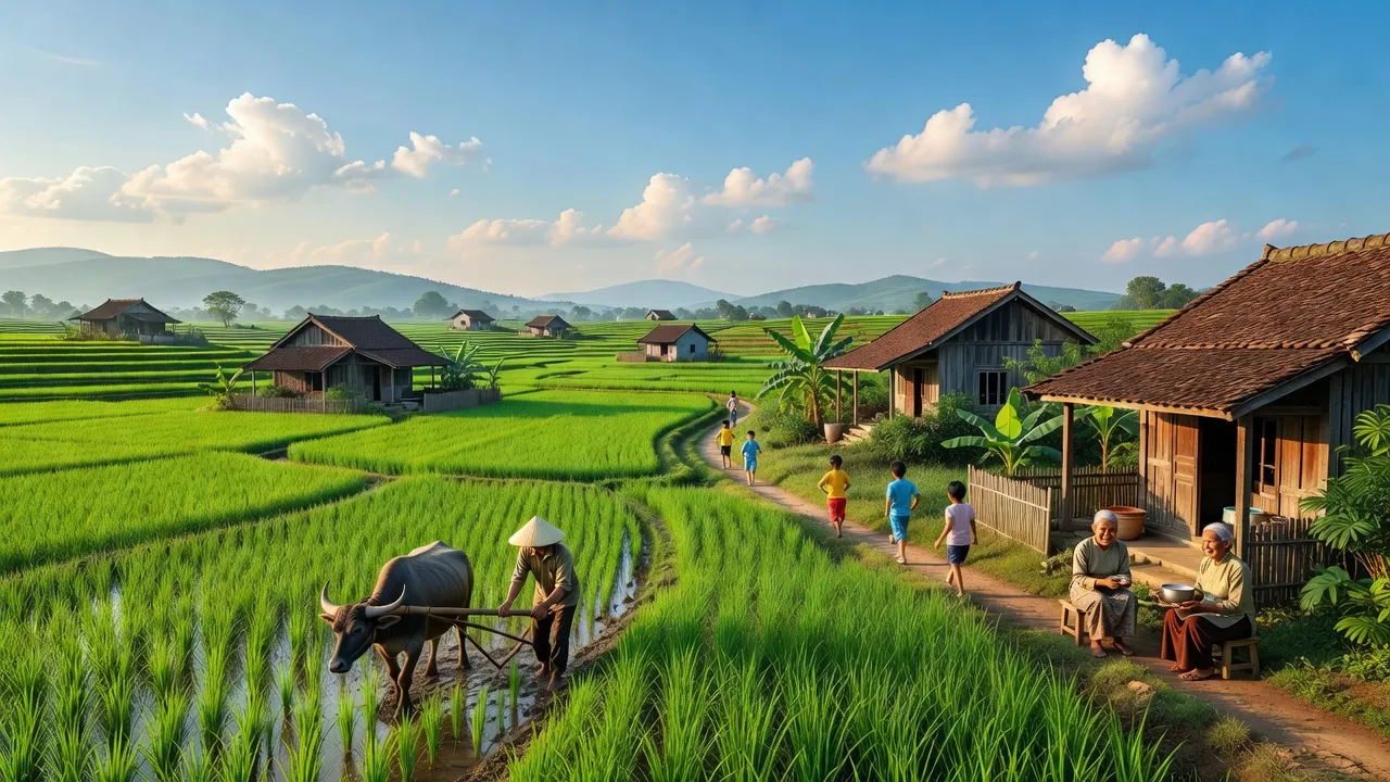 Khung cảnh yên bình xã Tam Hưng, huyện Thanh Oai, Hà Nội với cánh đồng xanh và nhà truyền thống.