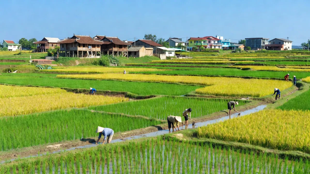 Cảnh quan Tân Ước, huyện Thanh Oai, Hà Nội với cánh đồng lúa và nhà truyền thống.