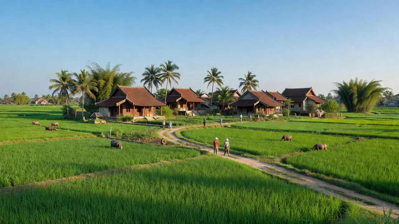 Cảnh đẹp xã Thanh Cao, huyện Thanh Oai, Hà Nội với cánh đồng xanh và kiến trúc truyền thống.