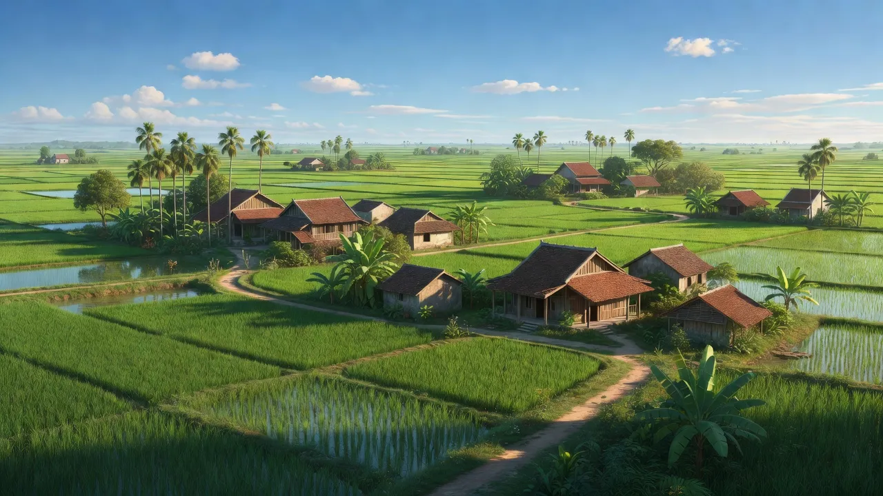 Cảnh quan xã Thanh Cao, huyện Thanh Oai, Hà Nội với cánh đồng và ngôi nhà truyền thống.
