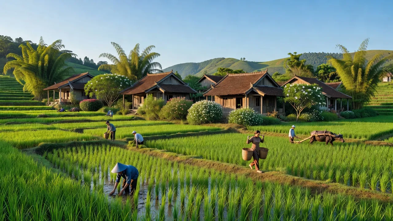 Khung cảnh làng Thanh Mai, huyện Thanh Oai, Hà Nội với đồng xanh, nhà truyền thống, bầu trời trong xanh.
