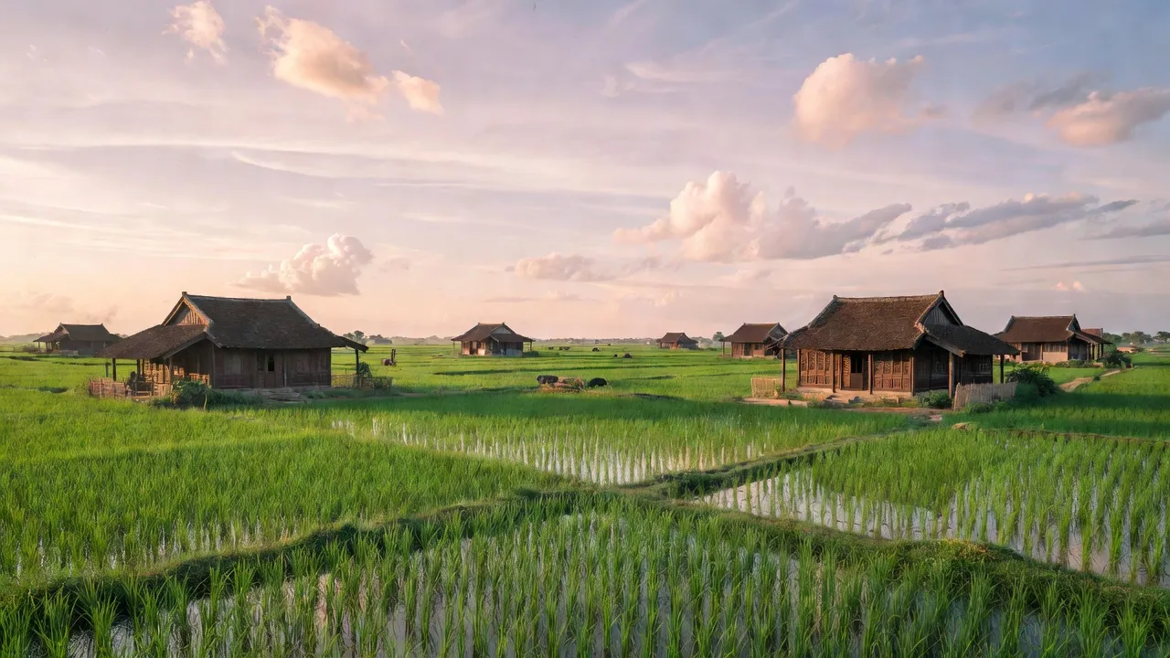 Cảnh quan yên bình xã Thanh Văn, huyện Thanh Oai, thành phố Hà Nội, với cánh đồng xanh tươi và nhà truyền thống.