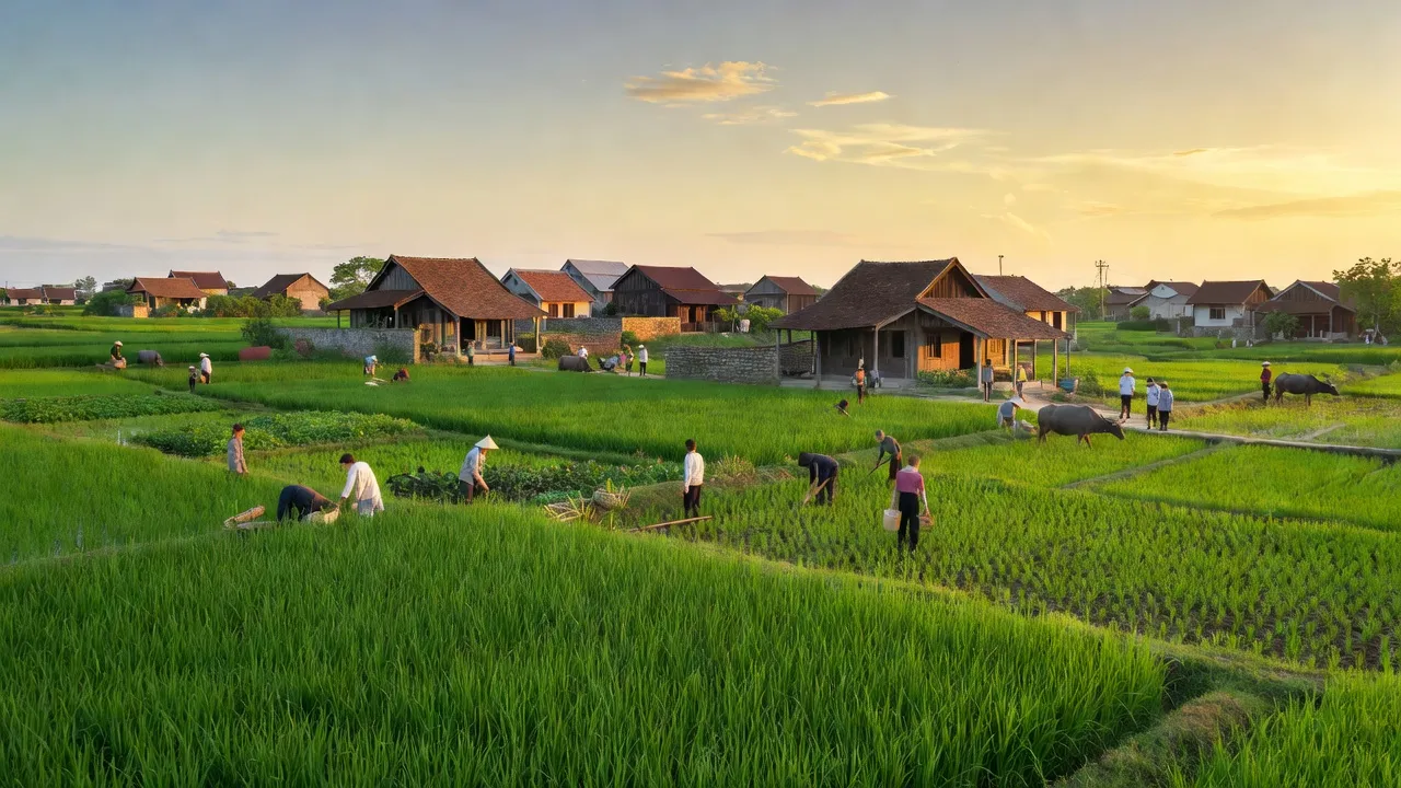 Khung cảnh xã Thanh Văn, huyện Thanh Oai, Hà Nội với cánh đồng xanh, nhà truyền thống Việt Nam.