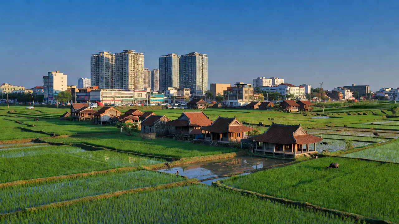 Khung cảnh huyện Thanh Trì, Hà Nội với đồng ruộng và kiến trúc truyền thống, thể hiện sự phát triển đô thị.