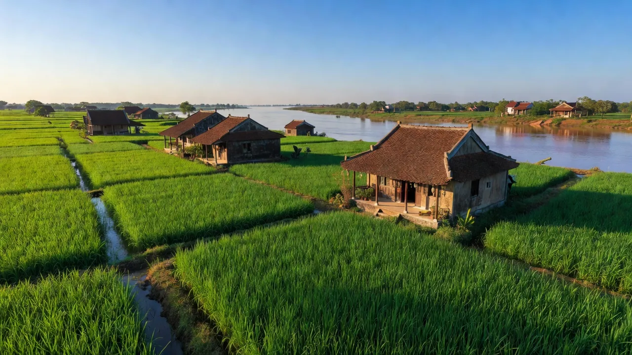 Cảnh quan Xã Đại Áng, huyện Thanh Trì, Hà Nội với cánh đồng xanh và sông Hồng.
