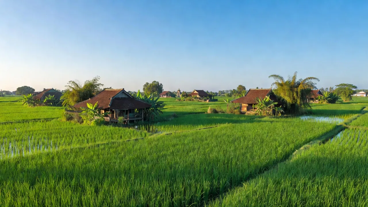 Cảnh quan xã Đông Mỹ, huyện Thanh Trì, Hà Nội với cánh đồng và nhà truyền thống.