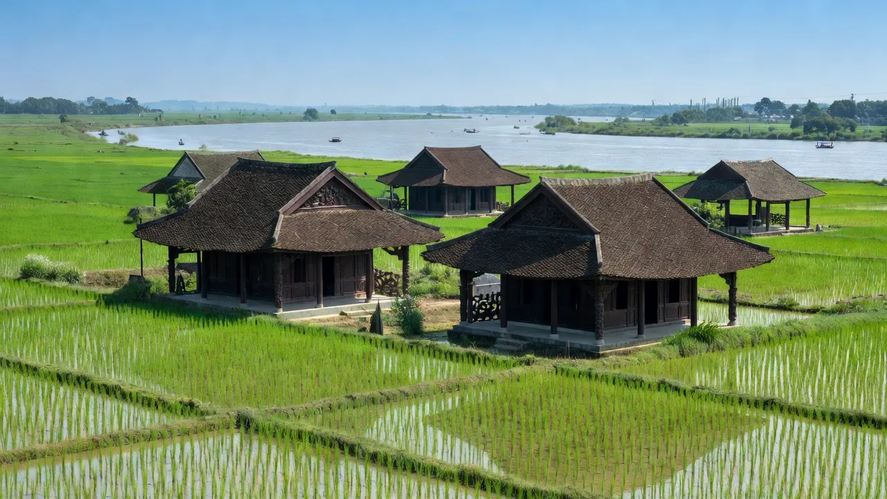 Cảnh đẹp Xã Hữu Hòa, huyện Thanh Trì, Hà Nội với kiến trúc truyền thống và đồng lúa xanh.