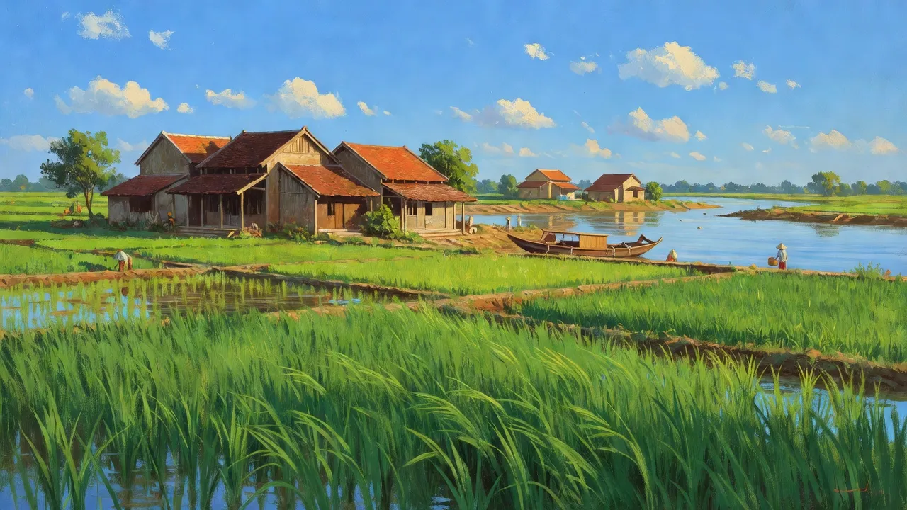 Xã Hữu Hòa, huyện Thanh Trì, Hà Nội với cánh đồng xanh và kiến trúc truyền thống Việt Nam.