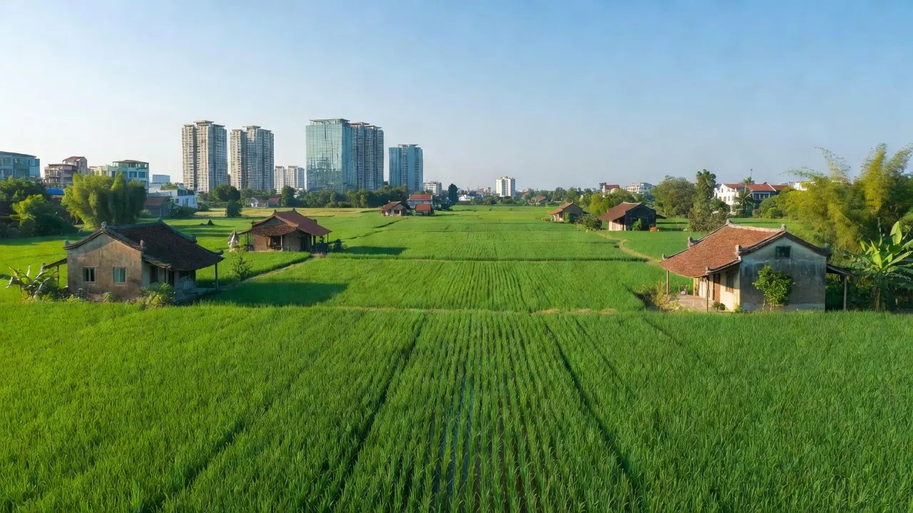 Xã Ngũ Hiệp, huyện Thanh Trì, Hà Nội, cánh đồng xanh và kiến trúc truyền thống, thể hiện sự phát triển đô thị.