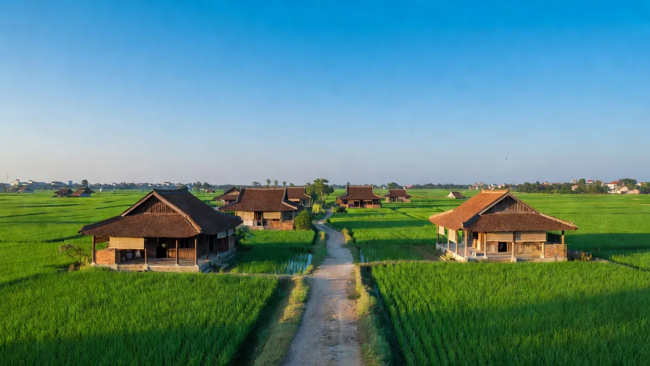 Cảnh đồng quê Tả Thanh Oai, huyện Thanh Trì, Hà Nội với nhà truyền thống và bầu trời xanh.