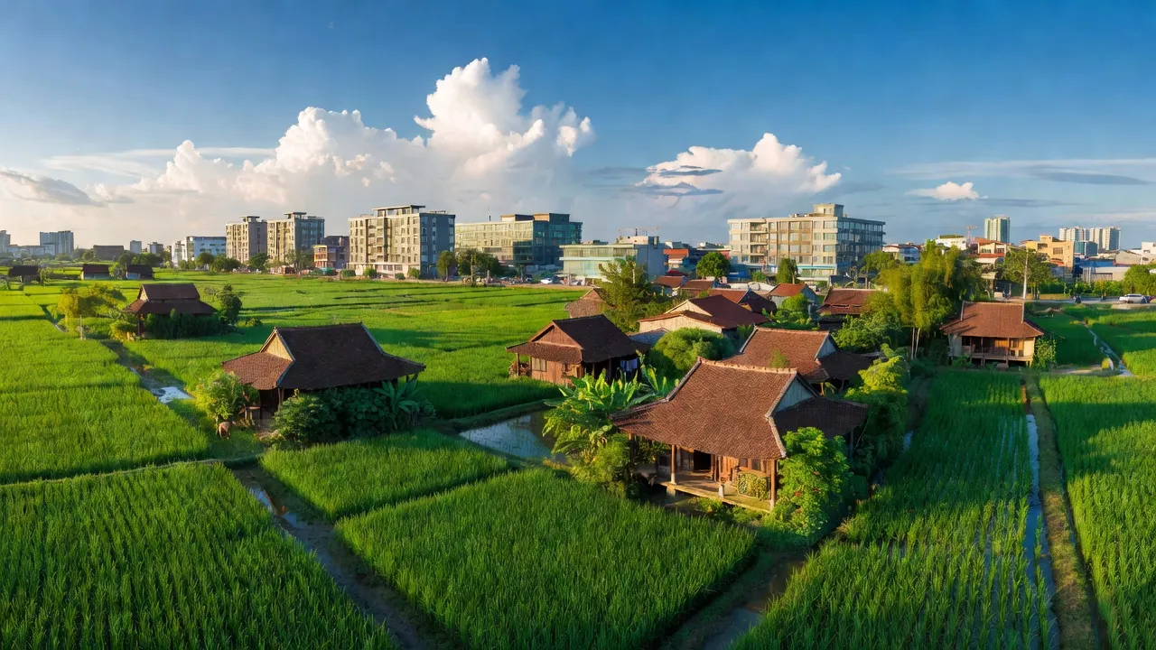 Khung cảnh Tân Triều, huyện Thanh Trì, Hà Nội với cánh đồng xanh và nhà truyền thống.