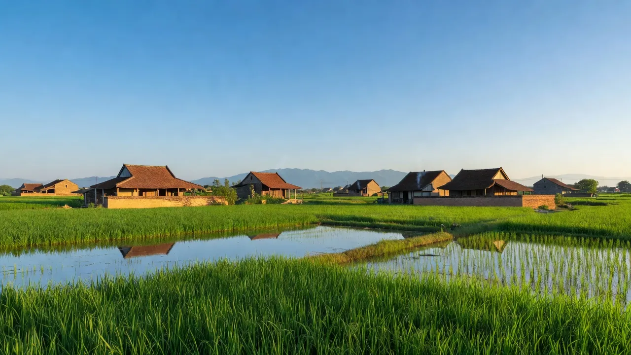 Cảnh đẹp xã Tứ Hiệp, huyện Thanh Trì, Hà Nội với đồng ruộng, nhà truyền thống và bầu trời trong xanh.