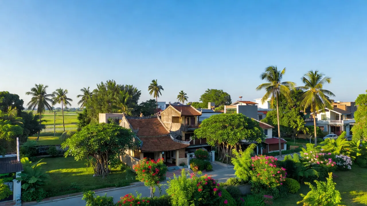 Thị trấn Văn Điển, huyện Thanh Trì, Hà Nội với cảnh vật xanh tươi và đô thị hiện đại.