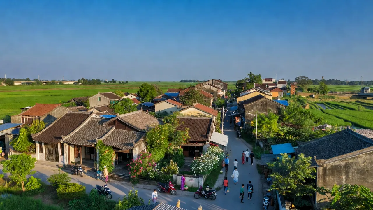 Thị trấn Văn Điển, huyện Thanh Trì, Hà Nội với khung cảnh thiên nhiên xanh tươi và nhà truyền thống.