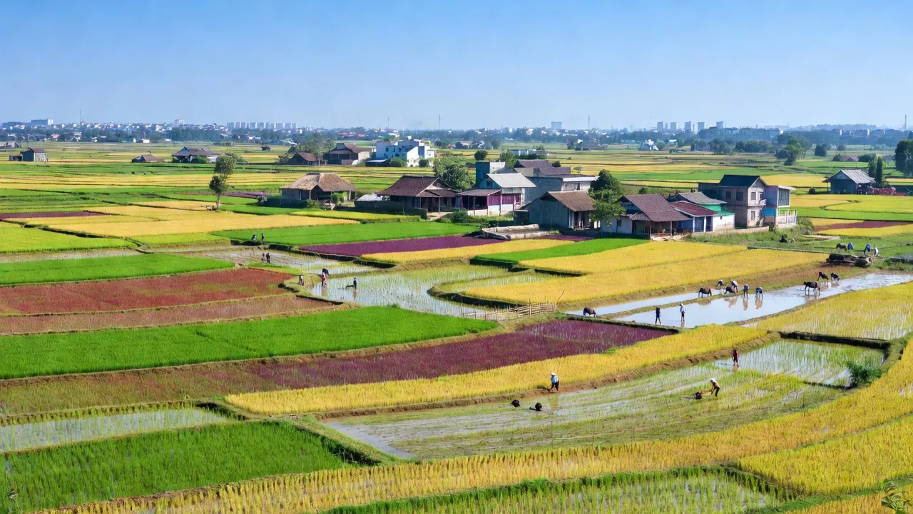 Khung cảnh làng Vạn Phúc, huyện Thanh Trì với cánh đồng xanh, nhà cửa truyền thống và bầu trời xanh.